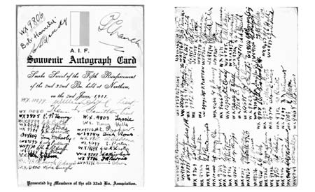 Souvenir Autograph Card, Smoke Social for 2/32nd Battalion, Northam, 2 June 1941. Courtesy Ted Brindle