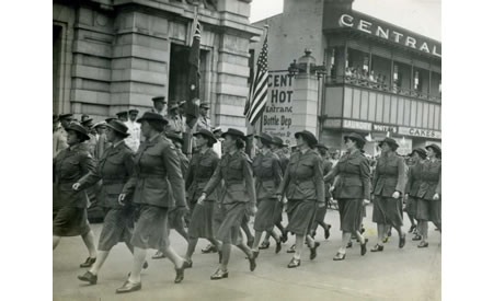 AWAS members participating in a military march in Perth, c 1942. Regimental marches were very much a part of the military tradition. At Northam Camp, the changing of the guard and the Last Post were part of daily life. Courtesy Elsie Solly
