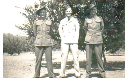 Ted, Frank and Jim Brindle in the orchard at their Parkerville home, 1941. Courtesy Ted Brindle
