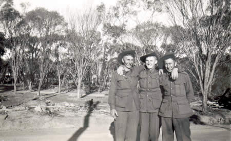 Perce Baker (Ted’s brother in law), Ted Brindle, and Victor Bussau (Ted’s cousin), Northam Camp, 1941. Courtesy Ted Brindle